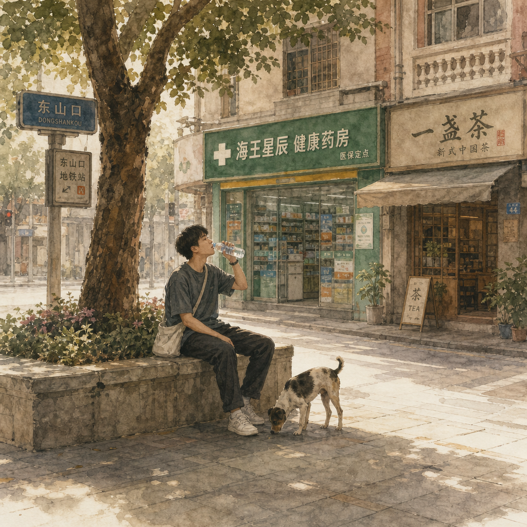 花坛边喝水的林北